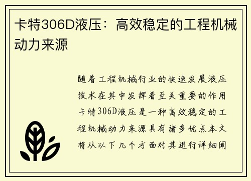 卡特306D液压：高效稳定的工程机械动力来源
