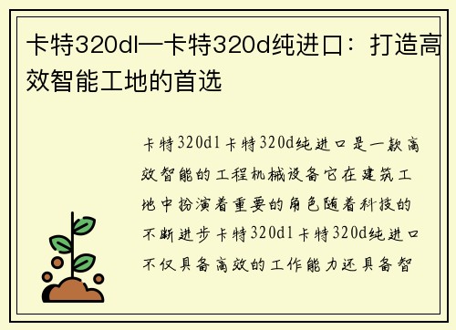 卡特320dl—卡特320d纯进口：打造高效智能工地的首选